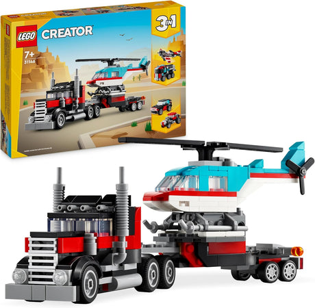 LEGO Creator 3in1 Flatbed Truck with Helicopter Toy to Propeller Plane and Fuel Lorry to Hot Rod and SUV Car Toys for 7 Plus Year Old Boys, Girls and Kids who Love Cool Vehicles, Gift Idea 31146.