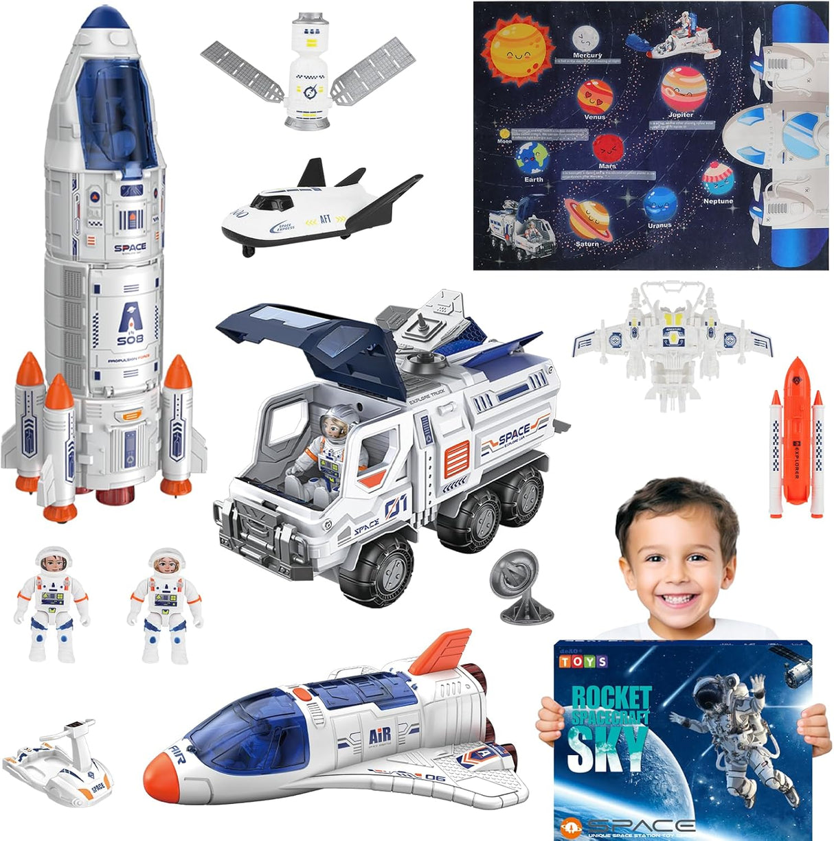 deAO Space Toys for Kids, Rocket Ship Toys with Solar System Mat, Space Shuttle, Astronaut Figures, Space Rover and Spaceship Toy, Space Shuttle Model Rocket Toys for 3 4 5 6 7 8 9 Years Old Kids.