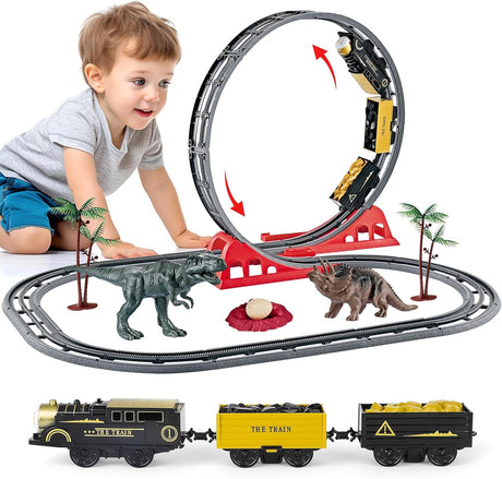 deAO Electric Train Set for 3 4 5 6 7 Year Old Boys Girls, Christmas Train Set for Under Tree, Toy Train for Kids, Dinosaur Track Playset, Dinosaur Toys for Boys, Slot Car Race Track.