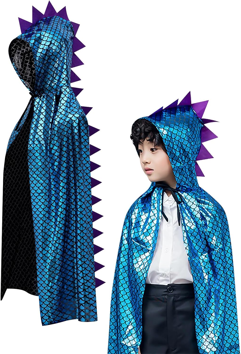 XINCHIA Kids Halloween Metallic Spike Cape Hooded Scale Cloak Dragon Dinosaur Medieval Accessory for Dress Up Pretend Play Fantasy Robe,Birthday,Cosplay Theme Party Costume Gold/Blue/Silver.