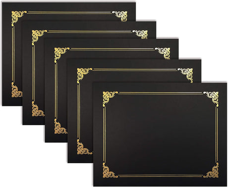 25 Pack Black Certificate Holders, Diploma Holders, Document Covers with Gold Foil Border, by Better Office Products, for Letter Size Paper, 25 Count, Black.