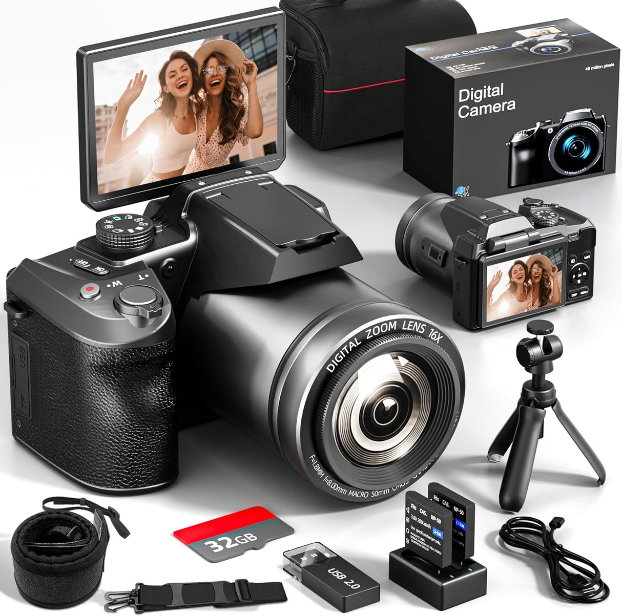 NBD 64MP Digital Camera，4K Vlogging Camera for YouTube with 3’’ Flip Screen,16X Digital Zoom,WIFI& Autofocus,Cameras Mic&Tripod,2 Batteries, 32GB TF Card，Dslr Camera (Black).