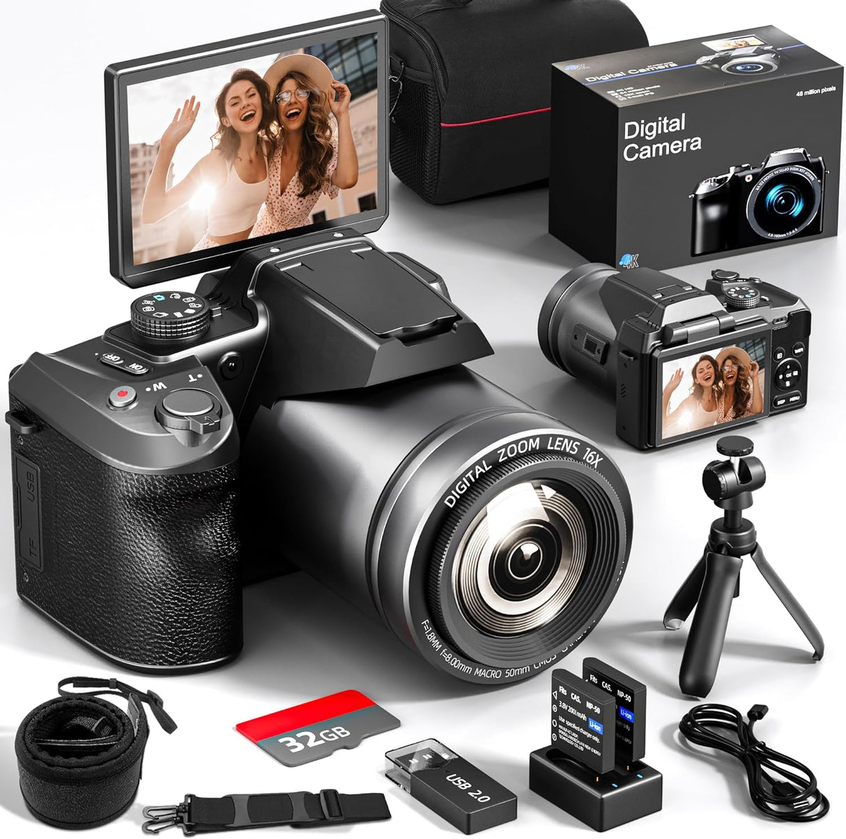 NBD 64MP Digital Camera，4K Vlogging Camera for YouTube with 3’’ Flip Screen,16X Digital Zoom,WIFI& Autofocus,Cameras Mic&Tripod,2 Batteries, 32GB TF Card，Dslr Camera (Black).