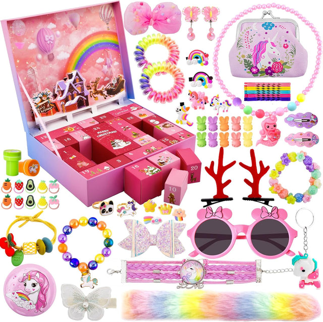 Advent Calendar for Girls 2024 - Christmas Countdown Gift - Xmas Calendar with 24 Days of Surprises including Jewelry, Hair Accessories, Unicorn Bracelet, Ring, Hair Clips, Necklace, and Coin Purse.