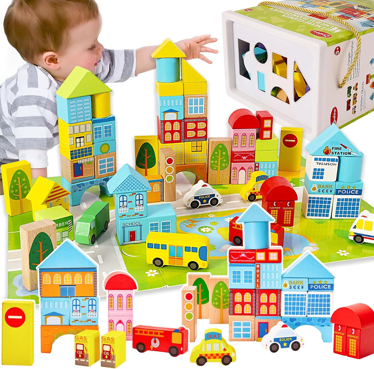 Onshine 62pcs Wooden Building Blocks Set with Wooden Cars, Shape Sorter Box, Puzzle Mat, Construction Building Toy Stacking Bricks for Toddlers Kids 3 Year Olds.