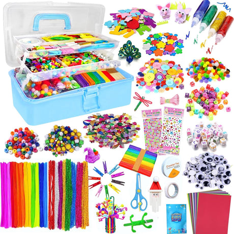 zycBernoi 3000 PCS+ Art and Craft Box for Kids, All in One DIY Arts and Crafts Supplies with Pom Poms, Pipe Cleaners, Feather, Beads, Colored Felt, Gift for Kids Ages 5 6 7 8 9 10 (Blue).