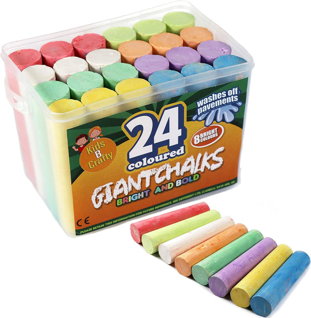 24 Coloured Chunky Chalks, Giant, Pavement, Washable, Fun for Children 8 Vibrant Colours, Outdoor, Garden, Drawing - Artists - Toddler,Kids.