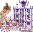 Dollhouse for Girls, Doll House 4-5 Year Old Princess Dollhouses, 4 Stories 14 Rooms Toddler Doll House with 4 Dolls, Lights, Furniture & Accessories, Playhouse Toy Gift for Kids Age 3+ (Purple).