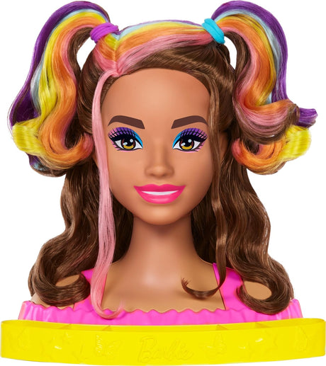 Barbie Doll Deluxe Styling Head with Color Reveal Accessories and Straight Blonde Neon Rainbow Hair for Hair Styling, HMD78.