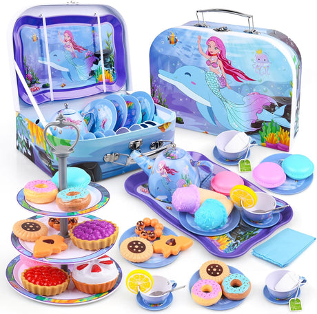 Auney 36 PCS Tea Set Toys for Girls,Tin Toys Tea Party Pretend Play for Little Girls, Kids Real Littles for Tea Time with Tea Filter Bags and Lemon Slices,13 PCS Dessert Toys for Kids (Mermaid).