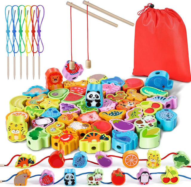 Jojoin 46 PCS Wooden Threading Toys - 2 in 1 Magnetic Fishing Montessori Toys for 2 3 Year Old Boys Girls | Animals Fruits Stringing Toys Gifts - Educational Toddler Preschool Activities Beaded Toys.