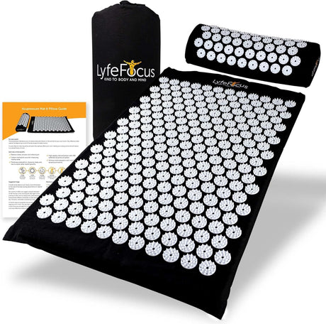 LyfeFocus Acupressure Mat & Pillow Set with Travel Bag - Cushioned Spike Acupuncture Massage Mat - Back, Neck & Shoulder Pain Relief - Ease Muscle Tension & Stress - Ideal Wellbeing Gift (Black&White).