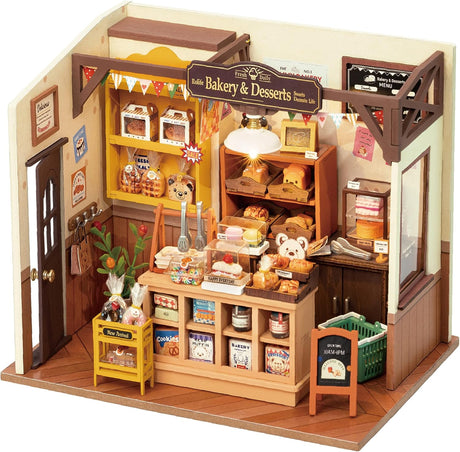 Rolife Dollhouses Becka's Baking House Miniature Wooden Doll House Kit with Furniture Wooden Building Kits with LED Lights for Girls and Women.