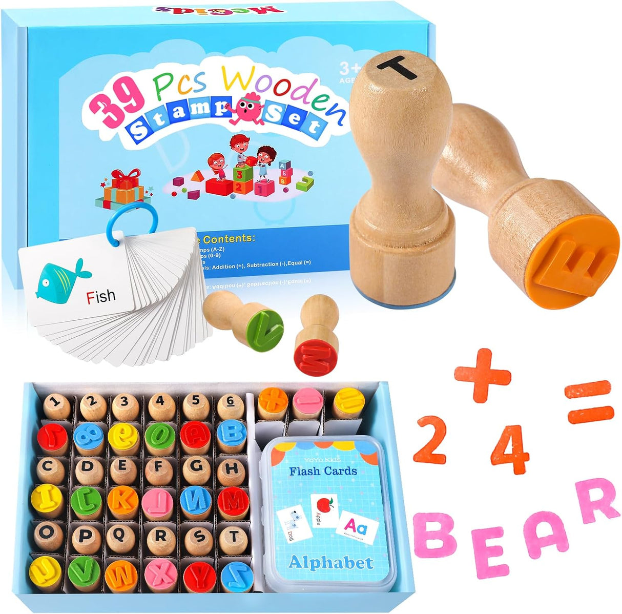 MeCids Wooden Alphabet Number Stamp for Kids - Educational Learning Toy Stamp for Playdough with 26 Letters, Numbers 0-9, Flashcards - ABC Spelling and Math Learning Toddler Ideal Back to School Gift.