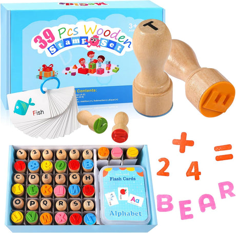 MeCids Wooden Alphabet Number Stamp for Kids - Educational Learning Toy Stamp for Playdough with 26 Letters, Numbers 0-9, Flashcards - ABC Spelling and Math Learning Toddler Ideal Back to School Gift.