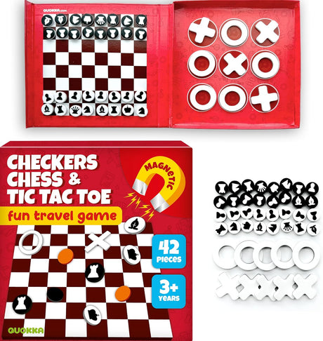 QUOKKA Travel Games For Kids 3-5 - 3 in 1 Magnetic Chess&Checkers&TicTacToe Game - Plane Activities Board Games for 4-6 year olds - Road Trip I Plane I Car Ride - Magnetic Toddler Travel Toys 8-12.