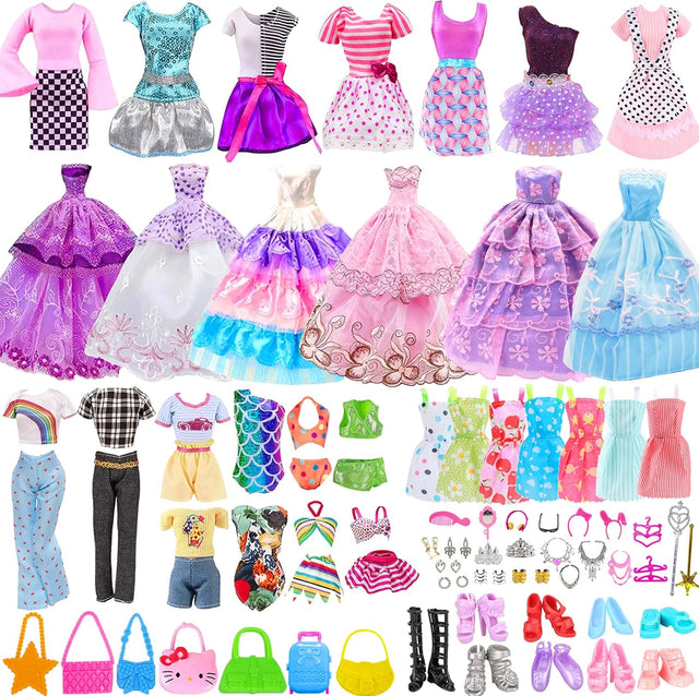 56Pcs Doll Clothes Outfit for Barbie, Doll Accessories Mini Dress Party Dress Bikini Set Tops Pants Handbags Shoes Jewelry Accessories Random Stlye for 11.5 inch Girl Doll.