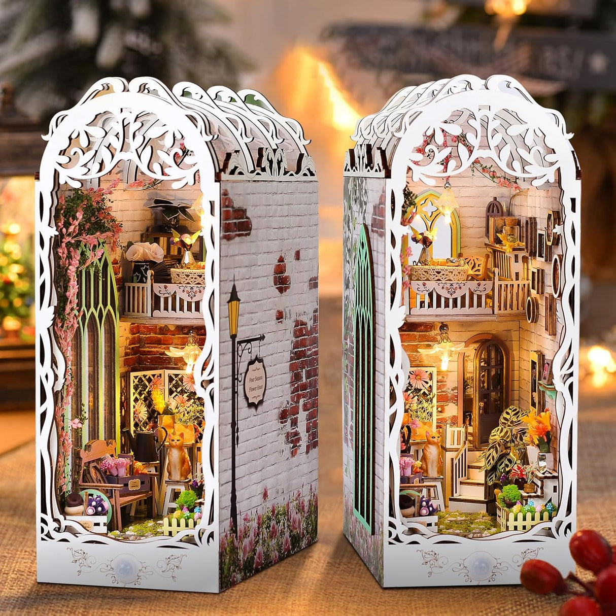 DIY Book Nook Kit, MOJINO DIY Miniature Dollhouse Kit Decoration 3D Wooden Puzzle Handmade Crafts for Adults With LED Light Bookshelf Insert Decor (Sunshine Garden).