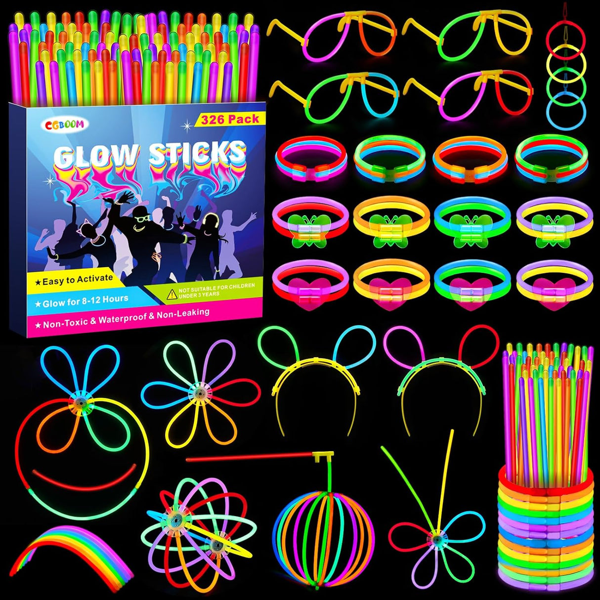 326Pcs Glow Sticks Bulk Party Supplies, 150 Glowsticks for Kids/Adults Festival with 176 Connectors, Glow In Dark Party Supplies for Earring Glasses Bracelet Necklace, 12 Hours Non Stop Glow All Night.