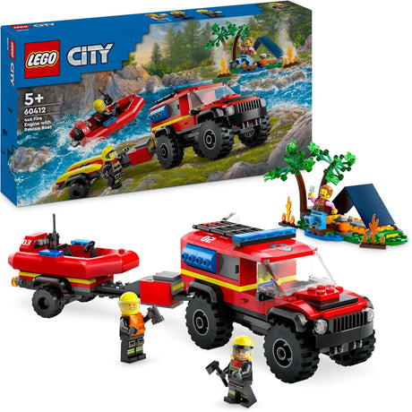 LEGO City 4x4 Fire Engine with Rescue Boat Building Toys for 5 Plus Year Old Boys & Girls, Imaginative Play Set Includes a Dinghy, Trailer, Tent, Camper and 2 Firefighter Minifigures, Gift Idea 60412.