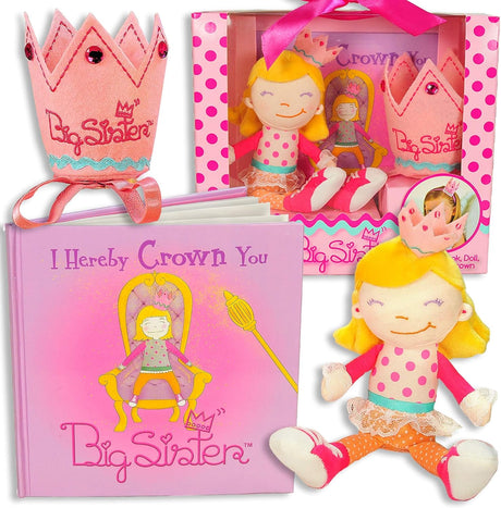 Tickle & Main Big Sister Gift Set, I Hereby Crown You Big Sister Book, Doll, and Child Size Crown.