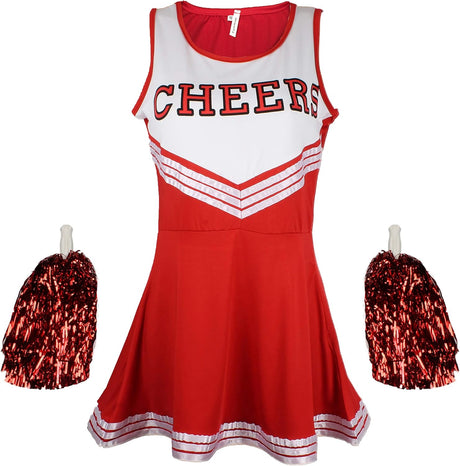 Cheerleader Costume Women Cheeleader Outfit Musical Uniform with Matching Pom Poms Perfect for Halloween.