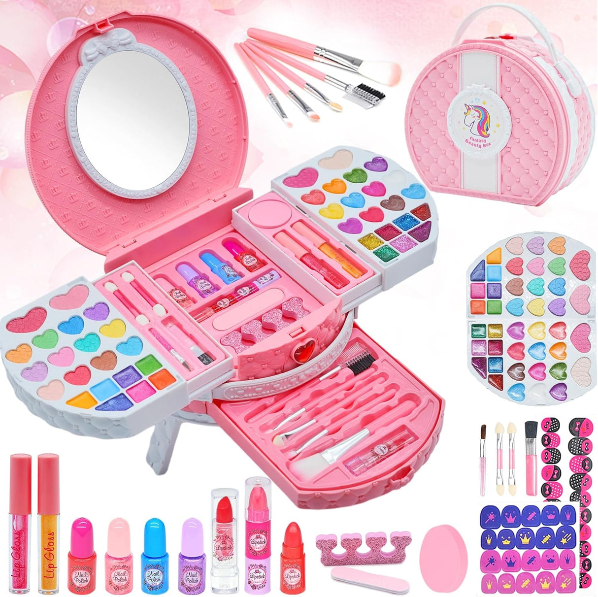 Kids Makeup Sets for Girls - 66 PCS Dresser Vanity Case Make Up Set for Girls Childrens Toddler, Washable and Safe Pretend Play Games Toys Makeup kids, Christmas Birthday Presents for 3+ Year Old Girl.