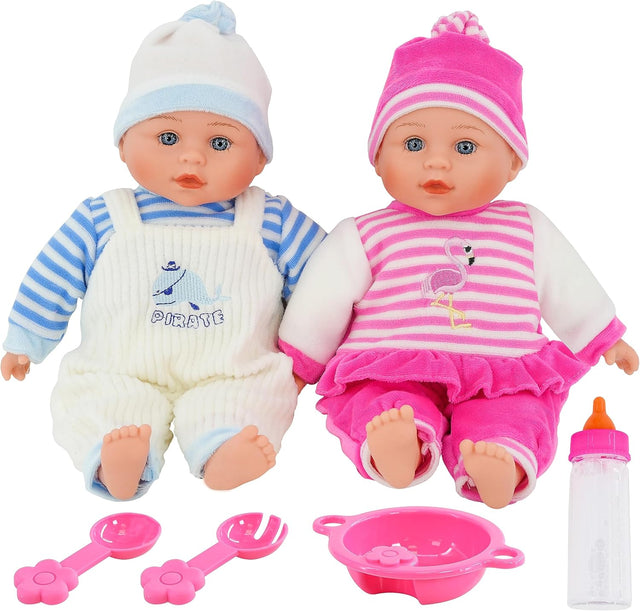 Bibi Doll - 13” Twin Baby Girl Boy Twins Dolls Set With Sounds Feeding Set & Magic Bottle.