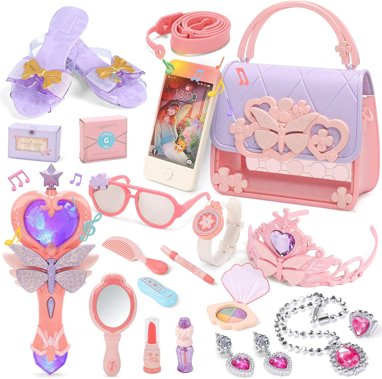 CUTE STONE Little Girls Play Purse, Toddler Purse with Handbag, Heels, Pretend Makeup Kit, Toy Phone, Light-Up Magic Wand, My First Purse Set with Princess Jewelry, Pretend Play Gift Toys for Kids.