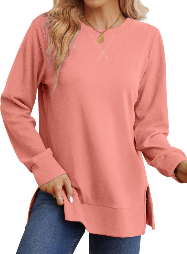 Saloogoe Sweatshirt for women Side Split Fall Fashion 2023 Long Sleeve Shirts Trending Now, 02-pink, Small.