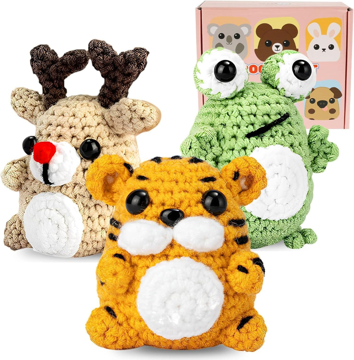 Alongen 8 Pcs Beginners Crochet Kit,Adorable Animal Crochet Starter Pack with Yarn Stuffing Keychain DIY Crochet Craft Kit with Step-by-Step Video(8PCS).