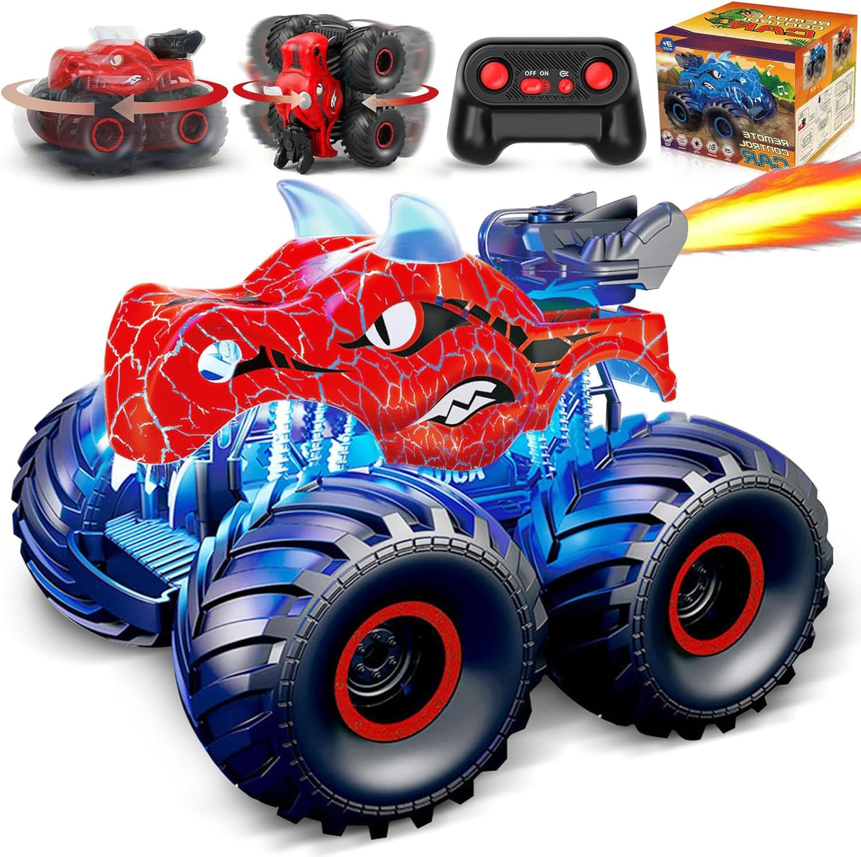 HappyGoLucky Dinosaur Toys for Boys, Monster Truck Remote Control Cars with LED Light Boys Age 3-9 Year Old Boy Gifts Rc Car Best Girls 4-9 Garden Red.