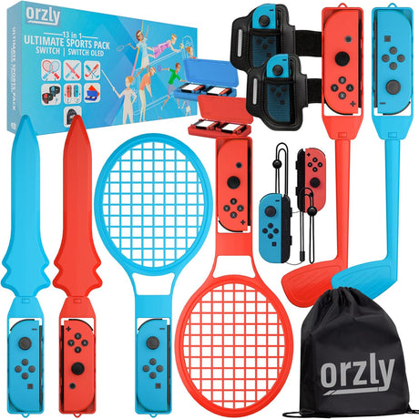 Orzly Switch Sports Games 2024 Accessories Bundle Pack for Nintendo Switch & Switch OLED with Tennis Rackets, Golf Clubs, Chambara Swords, Soccer Leg Straps & Joycon Grips - With Carry Bag.