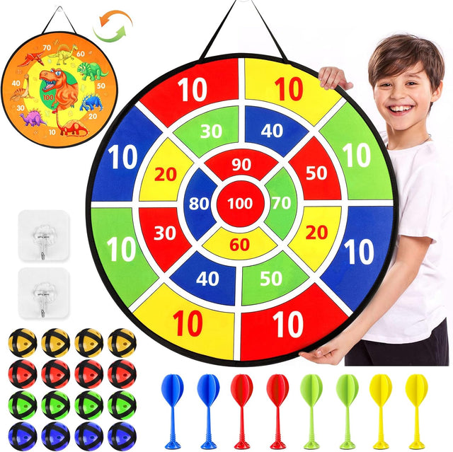 26 Inches Kids Toys Dart Board,Dinosaur Theme Double Sided with 12 Sticky Balls and 8 Darts, Safe Indoor Outdoor Sports Party Game Toys for 3 4 5 6 7 8+ Years Old Boys Adults Gift.