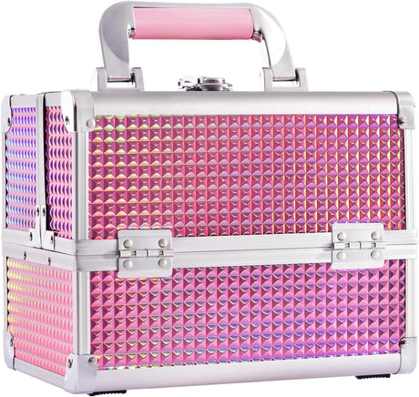 Joligrace Makeup Box Vanity Case Cosmetic Organiser Box Beauty Storage Train Case with Mirror, Lockable with Keys, Holographic Pink.