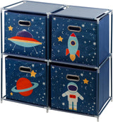 The Magic Toy Shop Kids Space Design Storage Cubes Set of 4 Foldable Toy Chest Box Organizer with Handles and Interlocking Rack for Kids Room Playroom.