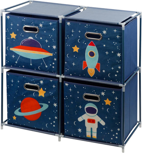 The Magic Toy Shop Kids Space Design Storage Cubes Set of 4 Foldable Toy Chest Box Organizer with Handles and Interlocking Rack for Kids Room Playroom.