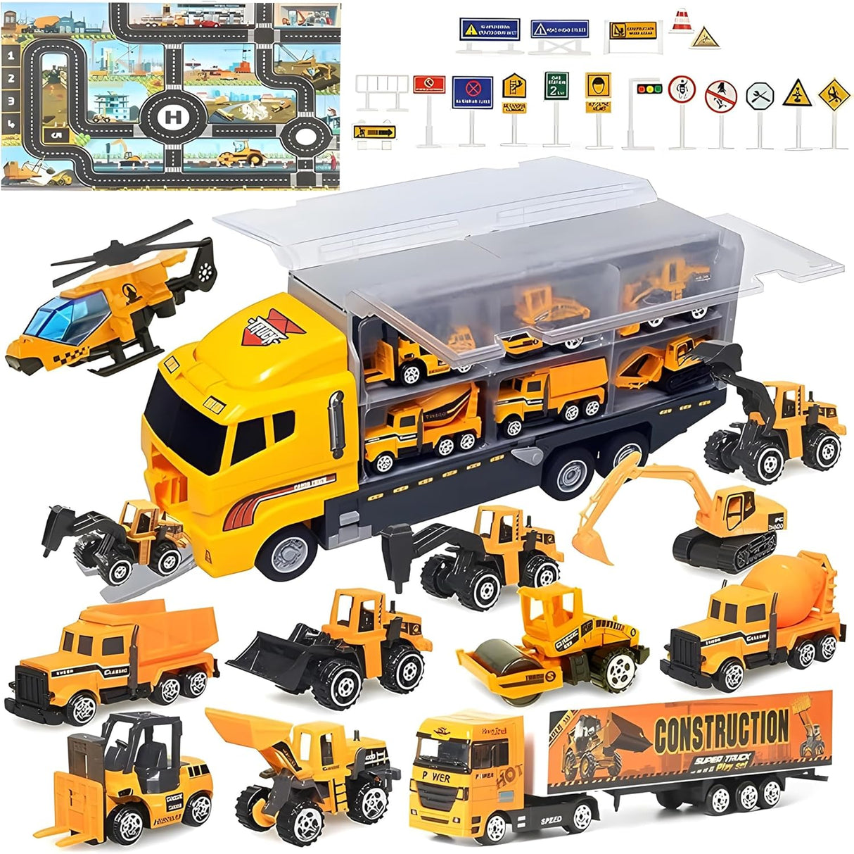 ZCOINS Construction Toys Set Including 1 Big Truck and 11 Matchbox Vehicles with Car Play Mat and Road Sign Stickers Boys Toys age 3 4 5.