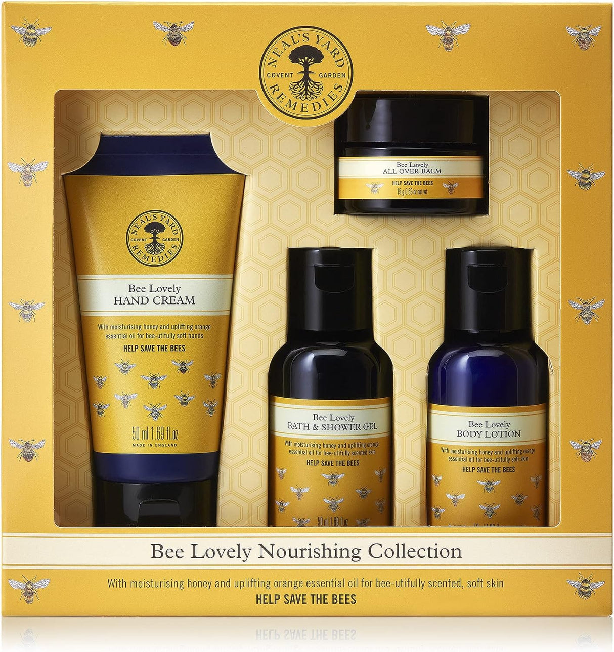 Neal's Yard Remedies | Bee Lovely Nourishing Collection | Set of Hand Cream, Shower Gel, Body Lotion & All Over Balm | Gifts for Women | Pack of 4.