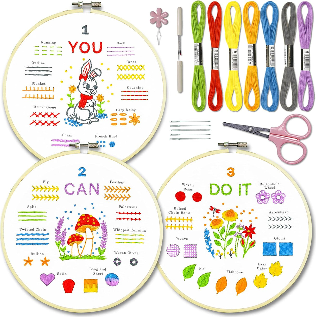 Bradove 4 Sets Embroidery Stitch Practice Kit for Beginners Adults Kids, Beginners Embroidery Kits with Video Tutorials and Detailed Instructions Include Hoop, Fabrics with Patterns, Floss, Thread.