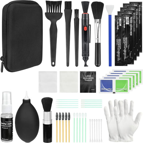 20-in-1 Professional Camera Cleaning Kit, DSLR Camera Cleaning Accessories with Storage Box, Lens Cleaner, Lens Brush, Air Blower, Lens Cleaning Pen, Cleaning Cloth, Cleaning Swabs, Gloves.