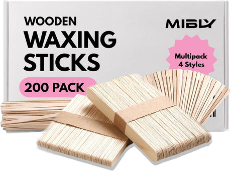 Mibly 4 Style Assorted Wooden Wax Sticks - For Body Legs Face and Small Medium Large Sizes Eyebrow Waxing Applicator Spatulas for Hair Removal or Wood Craft Sticks (Pack Of 200 Assorted Waxing Sticks).