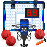 HYES Basketball Hoop for Kids, Remote Control Mini Basketball Hoop with 7 LED Lighting, 3 Modes, Scoreboard, 3 Balls, Indoor Basketball Toys for Kids - Blue.