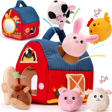 hahaland Baby Toys 6-12 Months - Farm Animals with Barn, Rattle, Crinkle Paper, Mirror - Busy Montessori Sensory Toys for Babies Toddlers 1-3 - Baby Easter Basket Stuffers.