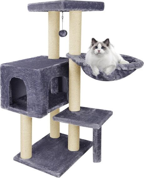 TWDEPART Cat Tree Cat Tower with Cat Scratching Posts,Activity Centre Climbing Tree Cat Furniture with Big Cat Condo and Hanging Balls,Grey.