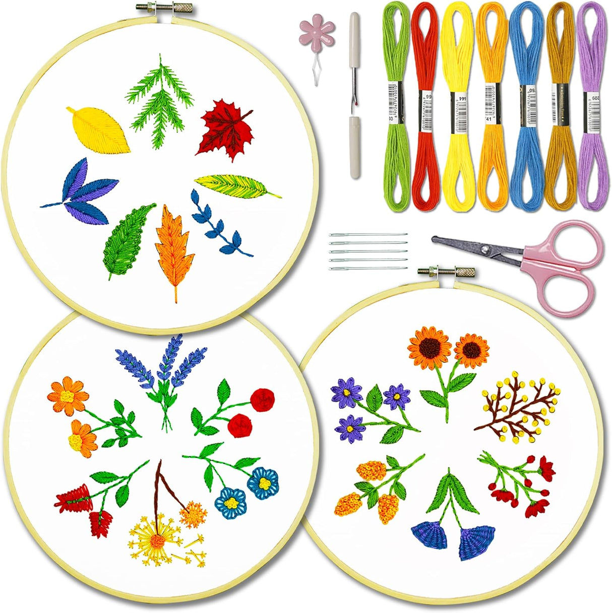 Bradove 4 Sets Embroidery Stitch Practice Kit for Beginners Adults Kids, Beginners Embroidery Kits with Video Tutorials and Detailed Instructions Include Hoop, Fabrics with Patterns, Floss, Thread.