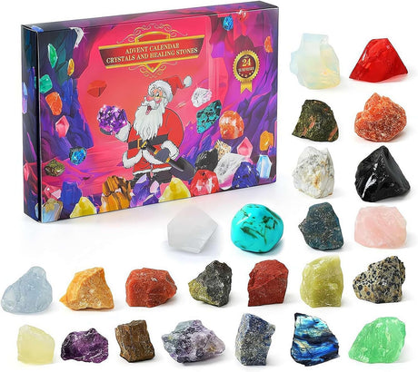 Crystal Advent Calendar 2024 Kids Christmas, Advent Calendar Christmas with 24 Natural Gemstones,Gem Stone Collection Countdown Calendar for Boys Girls Adult Teens.