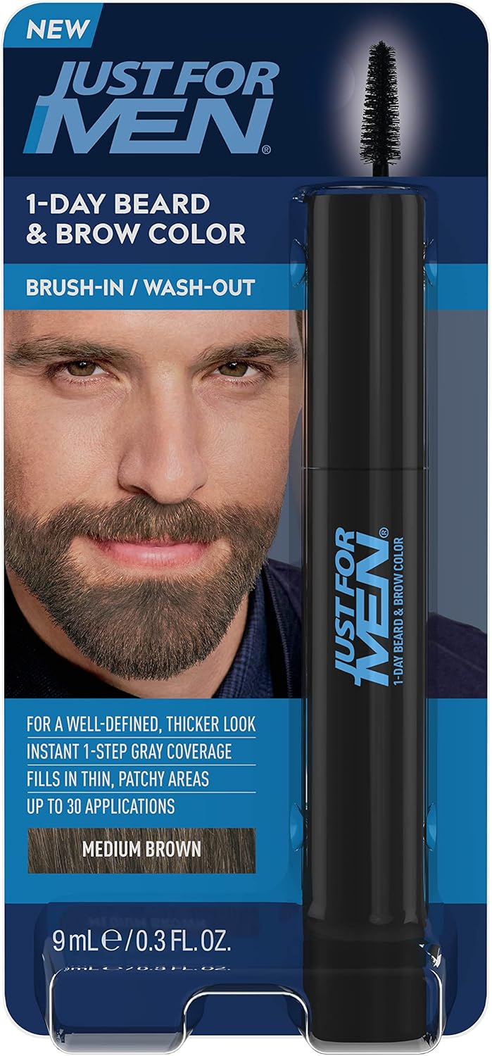 Just For Men 1-Day Beard and Brow Colour Brush, For Instant 1-Step Grey Coverage, Brush-In, Wash-Out, For A Thicker Well-Defined Look, Medium Brown.