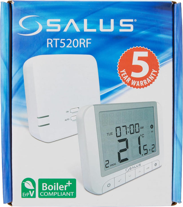 Salus Controls RT520RF Wireless Thermostat, Boiler Plus Compliant Digital & Electronic Room Thermostat - White.