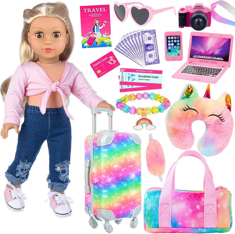 ZITA ELEMENT 23 PCS American 18 Inch Doll Accessories Suitcase Travel Set, Rainbow Suitcase, Rainbow Bag, Camera, Computer, Cell Phone, Neck Pillow, Eye Mask, Glasses Gift for Birthday, Christmas (NO.